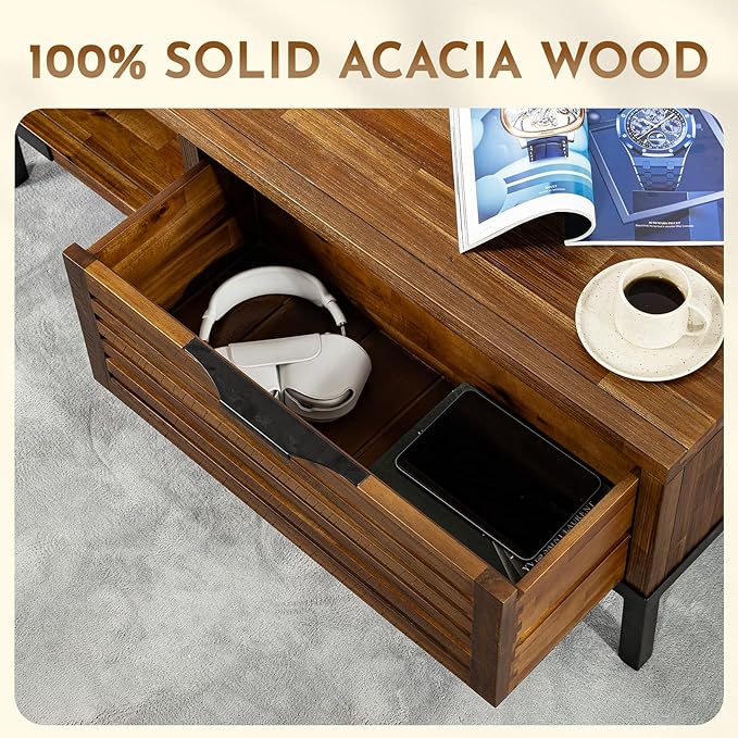 Bme Millie Coffee Tables for Living Room - Industrial Rustic - Two Drawers - Open Shelf - Rustic Scuffed Texture - Convenient Metal Handle and Sturdy Legs with Levelers - Easy Assembly - Chestnut