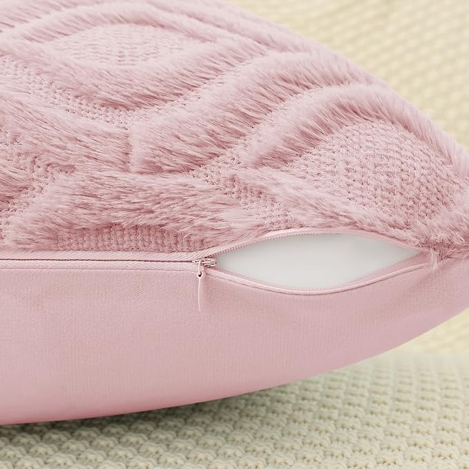 decorUhome Throw Pillow Covers 24x24 Inch Set of 2, Soft Plush Decorative Faux Fur Light Pink Solid Couch Pillow Covers, Accent Farmhouse Neutral Square Euro Pillow Cases for Sofa Bed Living Room