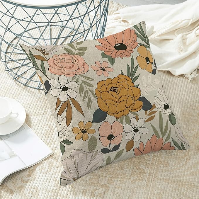 CXMEIFLY Spring Floral Pillow Covers 18 x 18 Inch Set of 2 for Vintage Mustard Yellow Pink Flowers Decor Throw Pillows Plant Cream Outdoor Decorative Cushion Cases for Couch Bed Decorations