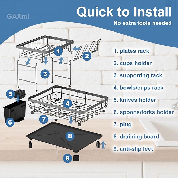 GAXmi Dish Drying Rack Over The Sink Dish Drainer with Drainboard Utensil Holder Cup Holder, 2-Tier Grey