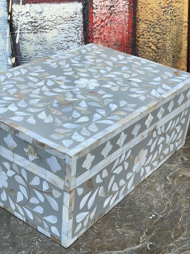 Decorative Wooden Storage Box with Mother of Pearl Inlay – Elegant Floral Design – Perfect for Home Décor in Living Room, Dining Area, or Bedroom (Grey, 12x8x5 inches)