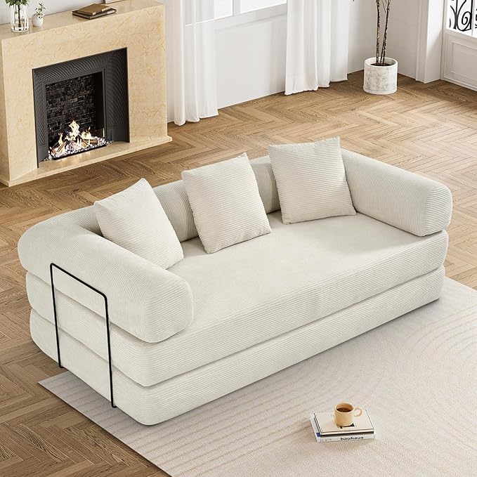 Convertible Sleeper Sofa Bed with Pillow, 4-in-1 Corduroy Folding Mattress Couch with Fixed-Shape Frame, Fold Out Floor Sofa Cama Lounge Couch for Living Room Bedroom Studio, Beige White