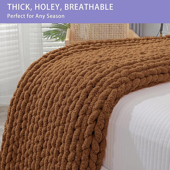 Bigacogo Chunky Knit Throw Blanket for Couch, 40x40 inches, 100% Hand Knitted with Thick Jumbo Chenille Yarn, Cozy Soft Large Rope Knot Cable Crochet Blankets for Sofa Bed Living Room, Caramel