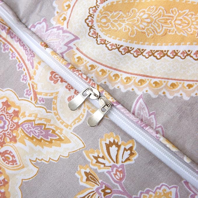 ABREEZE Paisley Bedding Sets 3Pcs Brushed Cotton Duvet Cover Set King Size Rustic Damask Gold Floral Comforter Cover with Zipper Closure Boho Bedding Collections