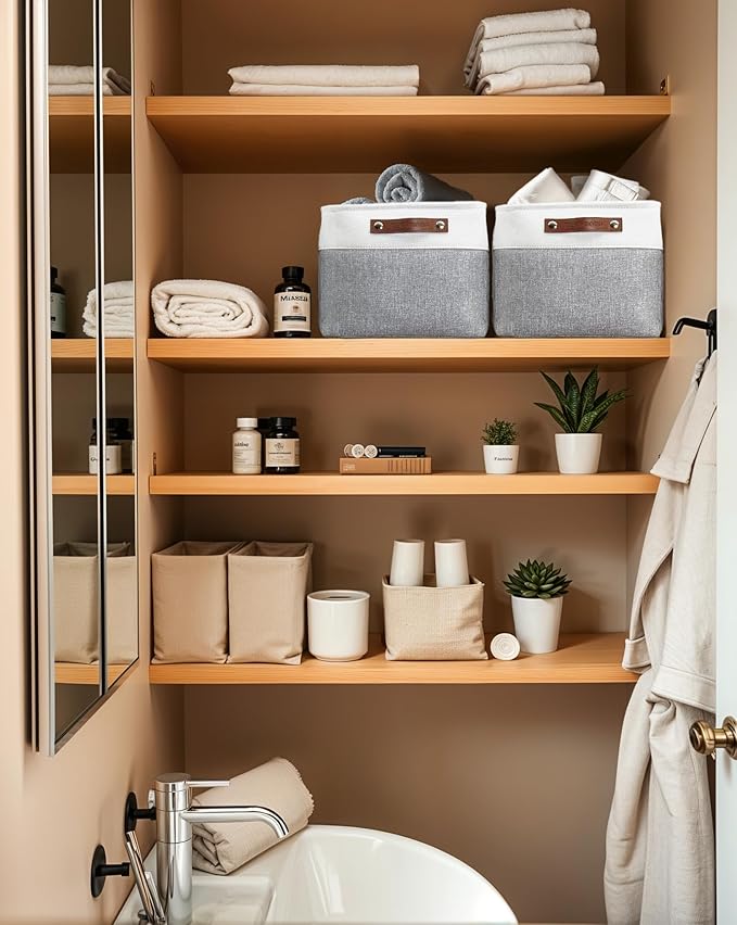 DECOMOMO Storage Bins Fabric Storage Baskets for Shelves, Linen Closet Organization Toys Nursery (Grey and White, Large - 3 Pack)