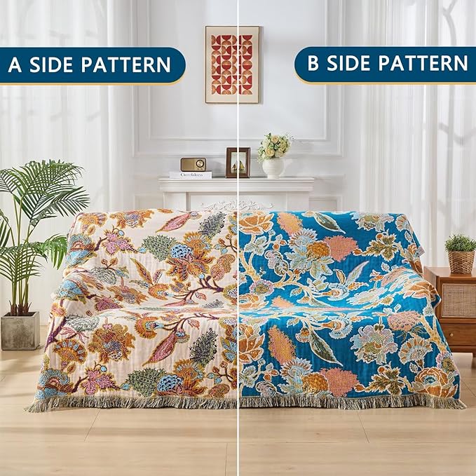 100% Cotton Summer Boho Throw Blanket, King Size Living Room Reversible Blanket, Boho Floral Bird Colorful Retro Quilt Ultra Soft Reversible Gauze Blanket for All Season, 90"x98"