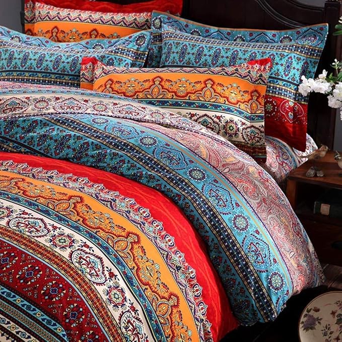 ABREEZE 3Pcs Bohemia Retro Bedding Ethnic Vintage Floral Duvet Cover Boho Bedding 100% Brushed Cotton Bedding Sets Damask Paisley Coloful Mandala Down Comforter Cover,King