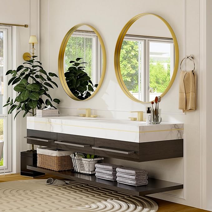 24 Inch Round Bathroom Mirror - Wall Mounted Circle Mirror with Metal Frame, Modern Mirror Suitable for Bathroom, Vanity, Entryway, Living Room, Wall Decor,Gold