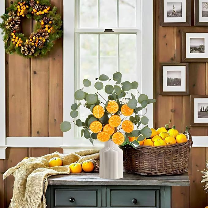 Eucalyptus Stems, 4PCS Artificial Lemon Stems Faux Citrus Branches Plastic Decor for Kitchen, Table Centerpieces, Entryway, Thanksgiving Wedding Party (Green)