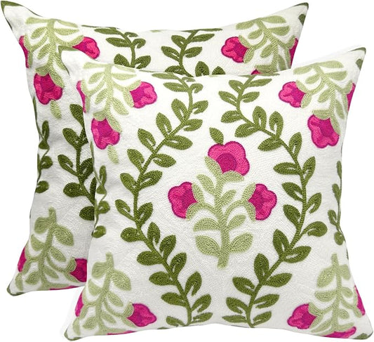 Alysheer Summer Decorative Throw Pillow Covers 18"x 18" Set of 2, Floral Embroidered Farmhouse Hot Pink Flowers Green Vine Patterned Cotton Canvas Cushion Case for Sofa Couch Bed Living Room Decor