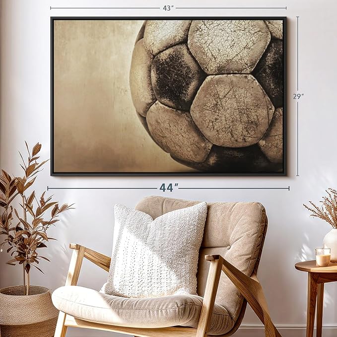 Elephant Stock Worn Soccer Ball Wall Art - Horizontal Framed Canvas - 1-Piece Living Room Wall Decor - Photography sports Canvas Print - Brown and Gray Decor for Wall - 43" X 29"