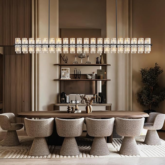 Crystal Black Rectangular Chandelier Light Fixture,72 in Large Dining Room Chandelier Over Table,Modern Chandeliers for Living Room,Arcachon Chandeliers,Kitchen Island,Includes 80xG4 Bulbs