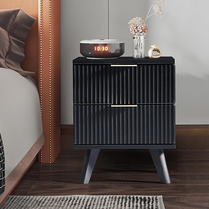 Fluted Nightstand Set of 2, Mid Century Modern 2 Drawer Dresser for Bedroom, Small Dresser Night Stand Side Table End Table with Wood Fluted Drawer Storage for Bedroom Closet(Black)