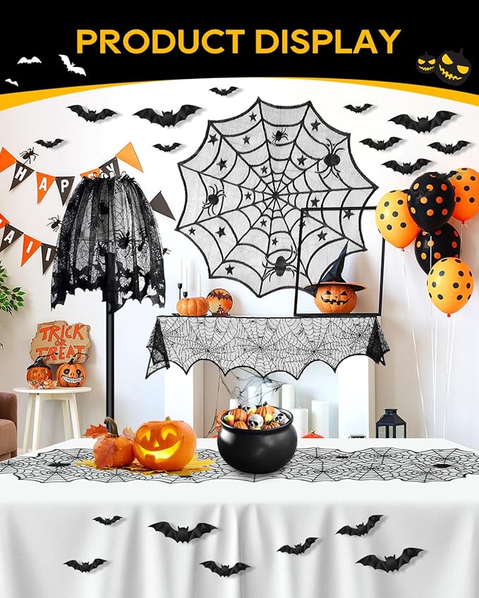 eZAKKA 5 Pack Halloween Decorations Indoor Halloween Spider Web Tablecloth Table Runners Fireplace Mantel Scarf Cobweb Lampshade Scary 3D Bats for Parties Gothic Spooky Home Decoration