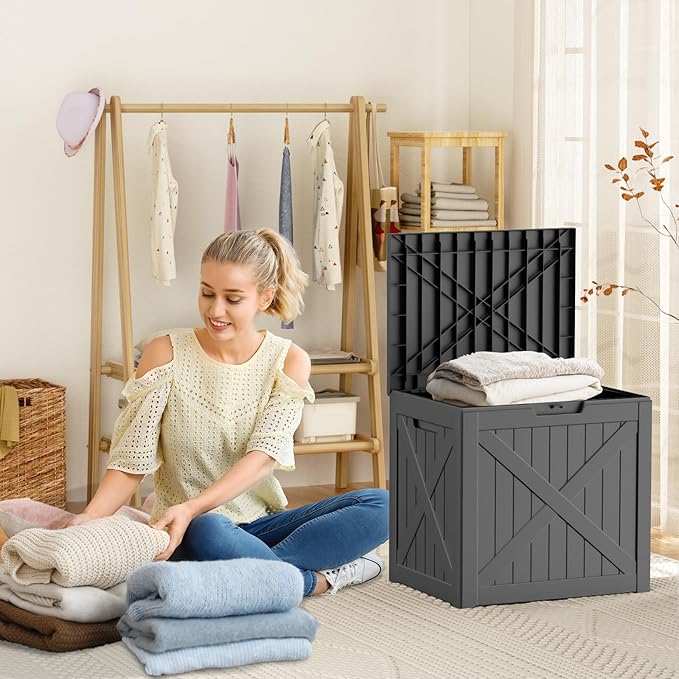 32 Gallon Deck Box Large Outdoor Storage for Patio Furniture,Outdoor Cushions,Garden Tools and Pool Supplies,Waterproof,Resin,Lockable(Black)