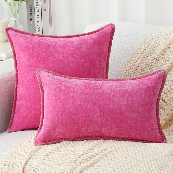 decorUhome Chenille Soft Throw Pillow Covers 20x20 Set of 2, Farmhouse Velvet Neutral Decorative Euro Pillow Covers with Stitched Edge for Couch Sofa Bed Home Decor, Hot Pink