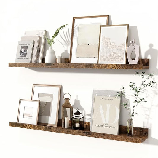 Fun Memories Picture Ledge Shelves Set of 2, 32 Inch Rustic Wall Mounted Floating Shelves with Lip for Home Storage and Décor in Bathroom, Kitchen, Nursery, Bedroom, Living Room, Brown