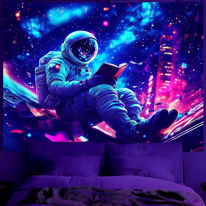 BVBOX Astronaut Space Blacklight Tapestry 79"x59", UV Reactive Astronaut Reading Universe Galaxy Planet Glow in Dark Tapestries, Black Light Neon Upright Poster Wall Hanging Backdrop Decor for Bedroom Living Room