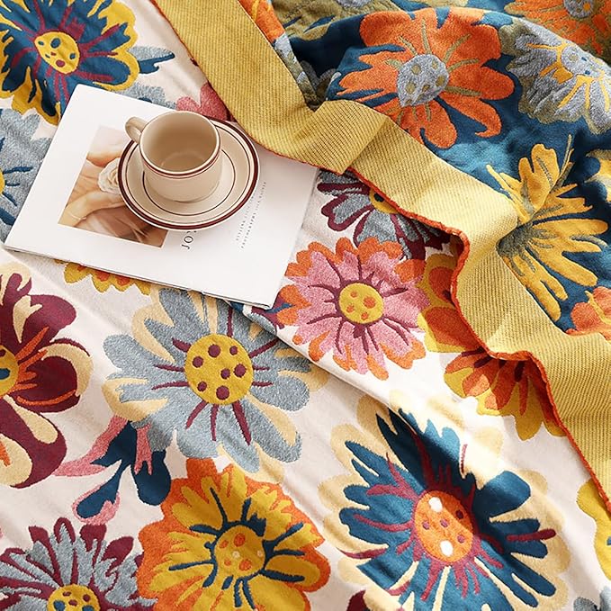Boho Muslin Blanket for Adults 4-Layer Gauze Twin Size Soft Cozy 100% Cotton Summer Cooling Blanket Floral Decor for Sofa Bed Coverlet Both Sides (Daisy Floral, Twin 60 x 80 in)