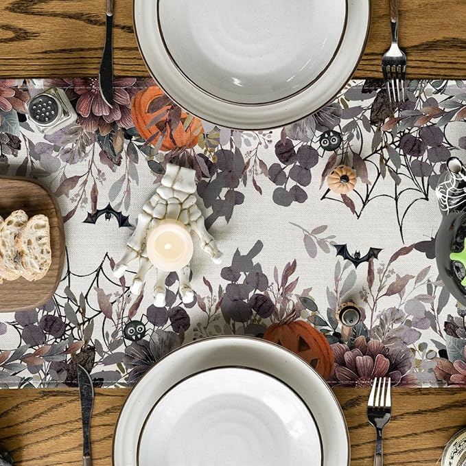 Artoid Mode Jack-O'-Lantern Pumpkin Floral Ghost Halloween Table Runner, Eucalyptus Kitchen Dining Table Decoration for Home Party Decor 13x36 Inch