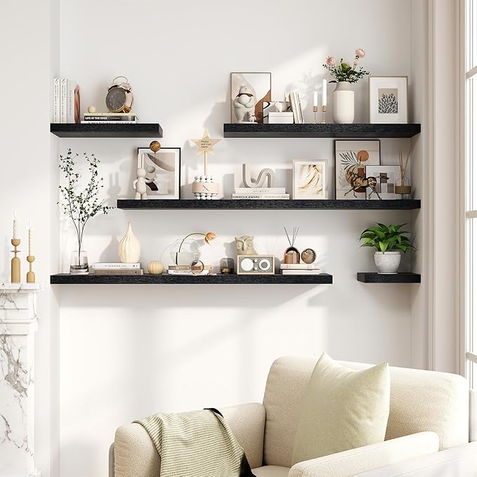 30 Inch Floating Shelves, Rustic Floating Wall Shelves 8 Inch Deep, 30 x 8 Floating Shelves for Home Decor, Deep Display & Storage Shelves for Kitchen, Bathroom, Living Room, Black Color, Set of 2