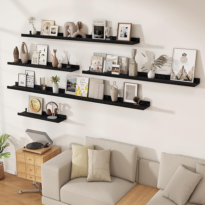 Floating Picture Ledge Shelves 72 Inch Solid Oak Wood Set of 2, Rustic Wall Storage Shelves with Lip, Kids Bookshelf, Photo & Picture Ledge Shelves for Bedroom, Living Room, Kitchen