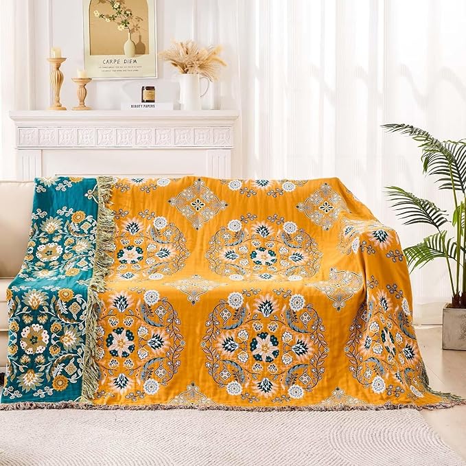 Boho Throw Blanket, 100% Cotton Ultra Soft Luxury Throw Rustic Quilt, Floral Printed Farmhouse Decor Bed Summer Blankets, All Season Rustic Reversible Bohemian Throw for Bed (60"x80" Yellow