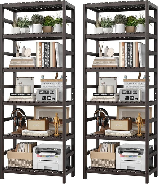 FOTOSOK 6-Tier Bamboo Shelf Set of 2, Bamboo Bookcase with Adjustable Shelves, Free Standing Storage Shelf Unit and Plant Flower Stand, Tall Large Bookshelf for Kitchen, Bathroom, Home Office, Vintage