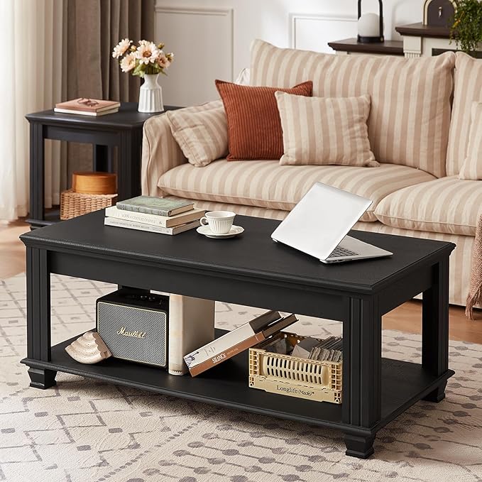 Farmhouse Coffee Tables for Living Room,Square Tea Table with Open Storage Shelf,Large Coffee Table,Rustic Wooden Center Table,Black