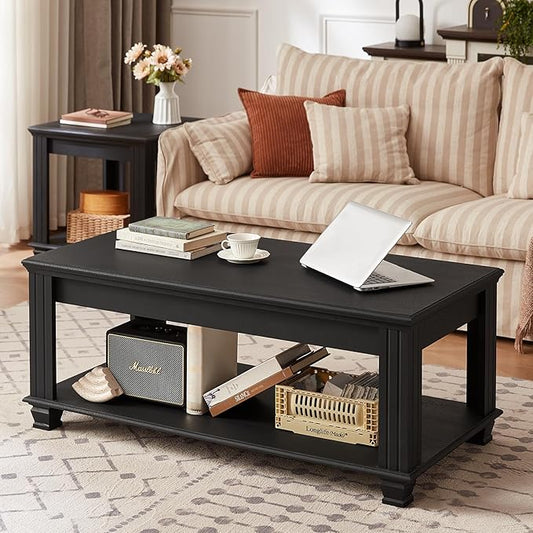 Farmhouse Coffee Tables for Living Room,Square Tea Table with Open Storage Shelf,Large Coffee Table,Rustic Wooden Center Table,Black