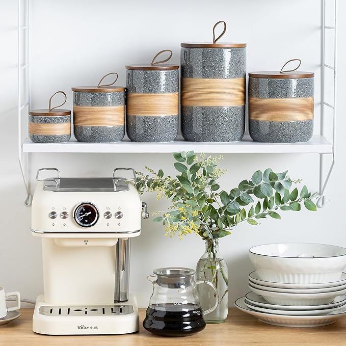Ceramic Jar with Lid Airtight, Coffee Container Kitchen Food Storage Jars for Spice Sugar Tea Bag, Stackable Decorative Jars for Countertop, Grey & 18oz