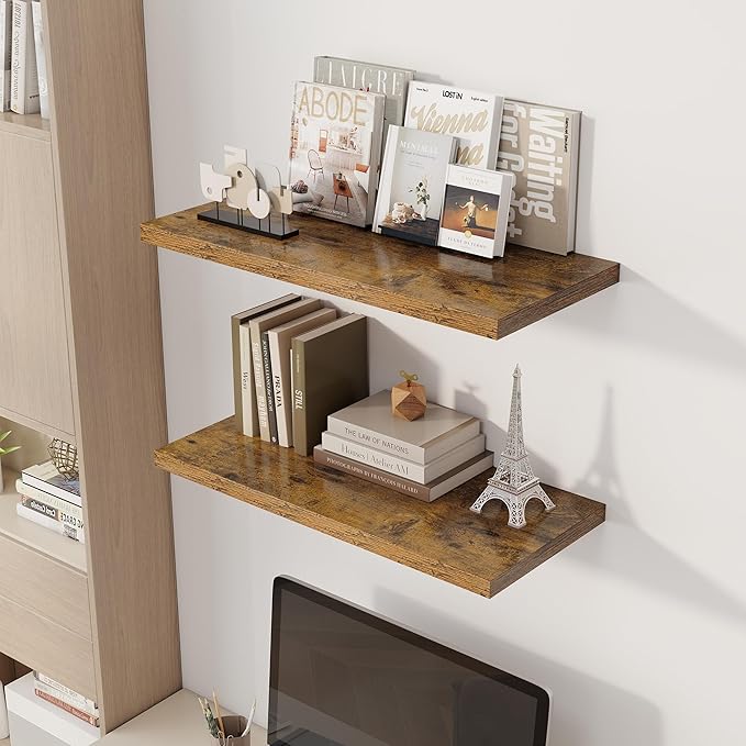 30" Floating Shelves for Wall, 12" Deep Slim Rustic Brown Floating Shelves, Wall-Mounted Shelves for Bedroom, Living Room, Kitchen, Bathroom - Set of 2