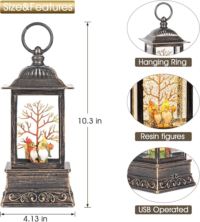 Fall Snow Globe Gnome Lantern, Glitter Lighted Snow Globes Fall Decorations for Home, Light Up Snowglobe Fall Décor