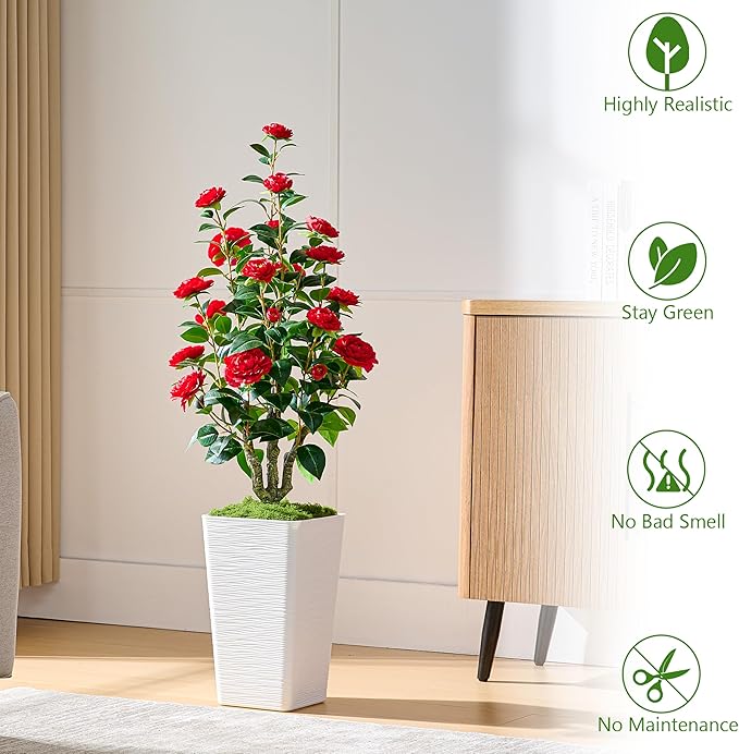 Artificial Camellia Tree 4FT Faux Trees Indoor Fake Floral Plant Blooming Tree with Red Flowers & White Tall Planter, Faux Camellia Plants for Porch Home Room Bedroom Office Front Door Outdoor Decor