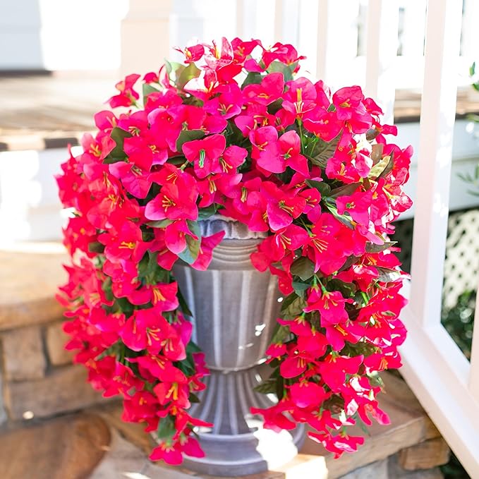 Faux Bougainvillea Artificial Flowers Plants for Outdoors Outside Decoration, 2 PCS Fake Flowers Silk Long Trailing Vines UV Resistant Realistic for Front Door Porch Planter Urn Patio Balcony Hot Pink