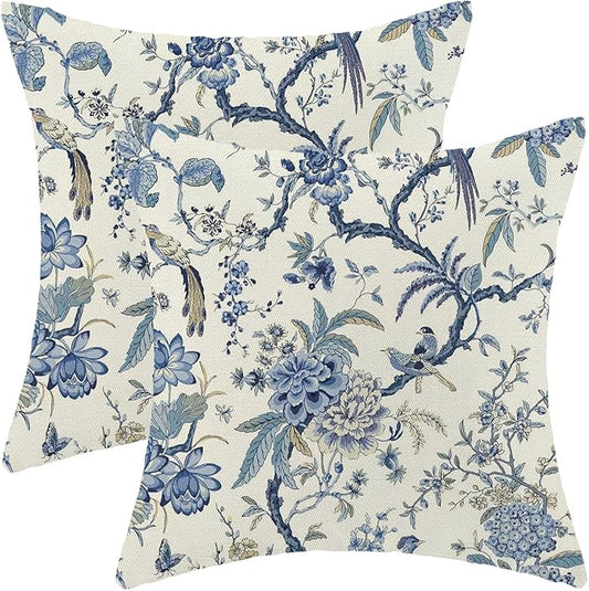 CXMEIFLY Spring Floral Birds Pillow Covers 16 x 16 Inch Set of 2 for Chinoiserie Flowers Decor Throw Pillows Blue and White Plant Outdoor Decorative Cushion Cases for Couch Bed Decorations