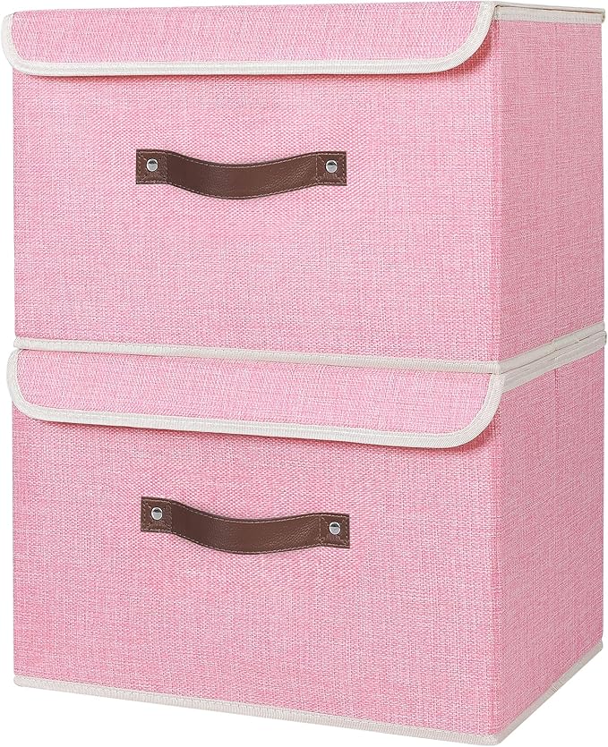 ANMINY 2PCS Storage Bins with Lid PU Leather Handles Storage Boxes PP Plastic Board Decorative Foldable Lidded Cotton Linen Fabric Home Cubes Baskets Closet Organizer Containers - Pink, Large Size