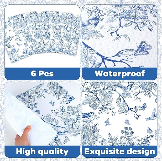 Blue Floral Placemats Set of 6 Flower Bird Plastic Table Mats Seasonal Spring Placemats Chinoiserie Place Mats Rustic Vintage Table Decoration for Indoor Outdoor Party Kitchen Dining