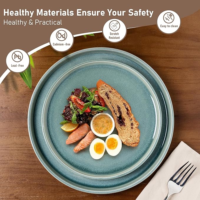 GBHOME Ceramic Dinnerware Sets for 4, 12 Pieces Stoneware Plates and Bowls Sets, Scratch Resistant Dishes, Dishwasher & Microwave Safe, Reactive Glaze-Malachite Green