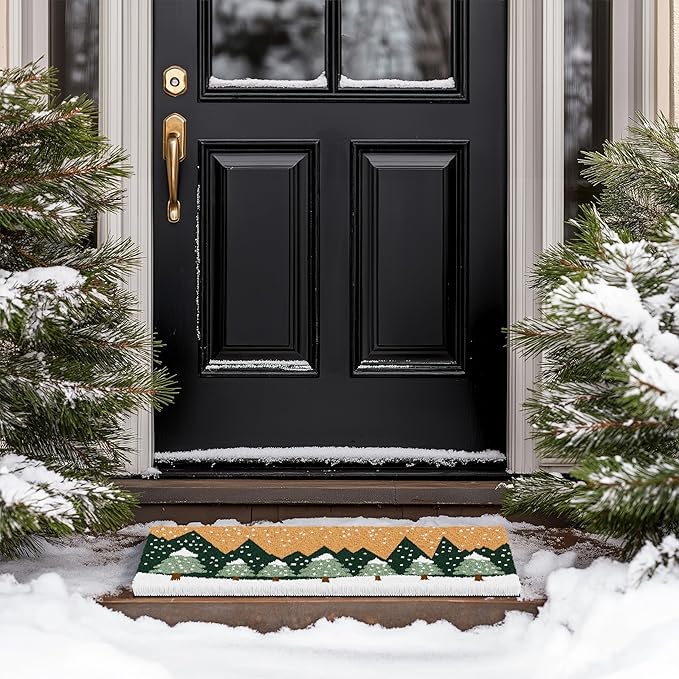 Barnyard Designs Natural Coco Coir Christmas Doormat - Large Cute Non-Slip Heavy Duty Backing Door Mat for Outside Entrance or Porch Entry, Brown (17x30, Winter Snow Forest)