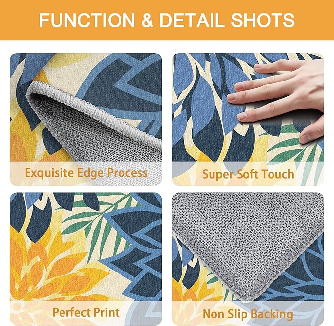 Area Rug 2x6 Yellow Green Washable Entry Rug Multicolored Tropical Botanical Modern Floral Indoor Kitchen Door Mat Entrance Carpet Non Slip for Bedroom Living Room, Porch