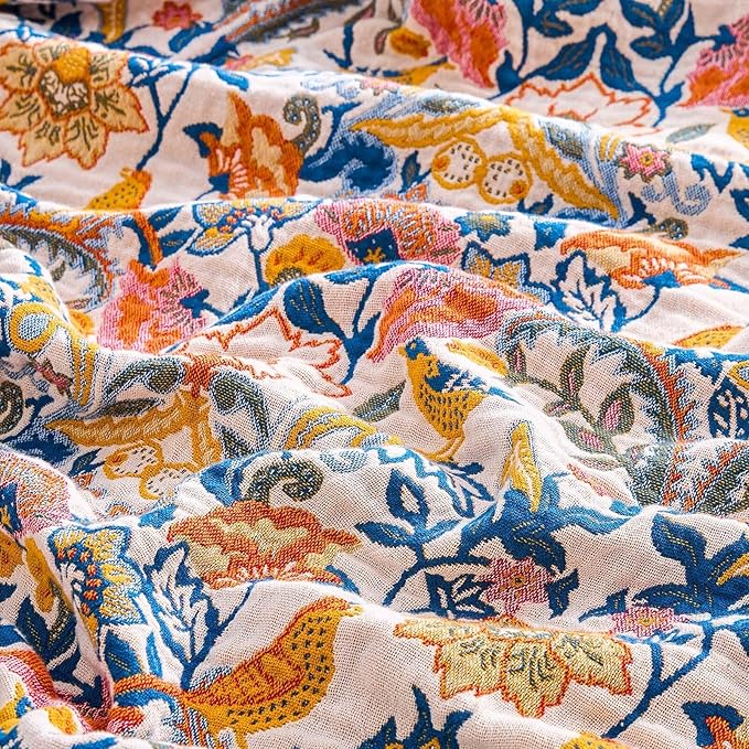 Boho Blanket Throw Quilt, 100% Cotton Soft Light Weight Throw Blankets for Summer, 60"x80" Farmhouse Flower Decorative Blankets, All Season Rustic Reversible Bohemian Throw Quilt