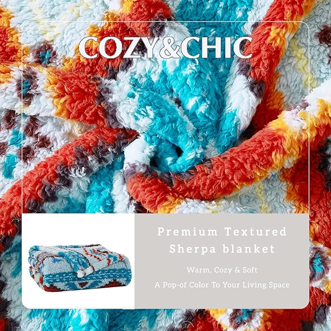 CASAAGUSTO Boho Sherpa Throw Blanket, Aztec Throw, Ultra Soft, Warm, Cozy, Plush, Thick Fleece Bohemian Throw Blanket for Couch, Bed, Sofa (Aqua 50 * 60 Inch)