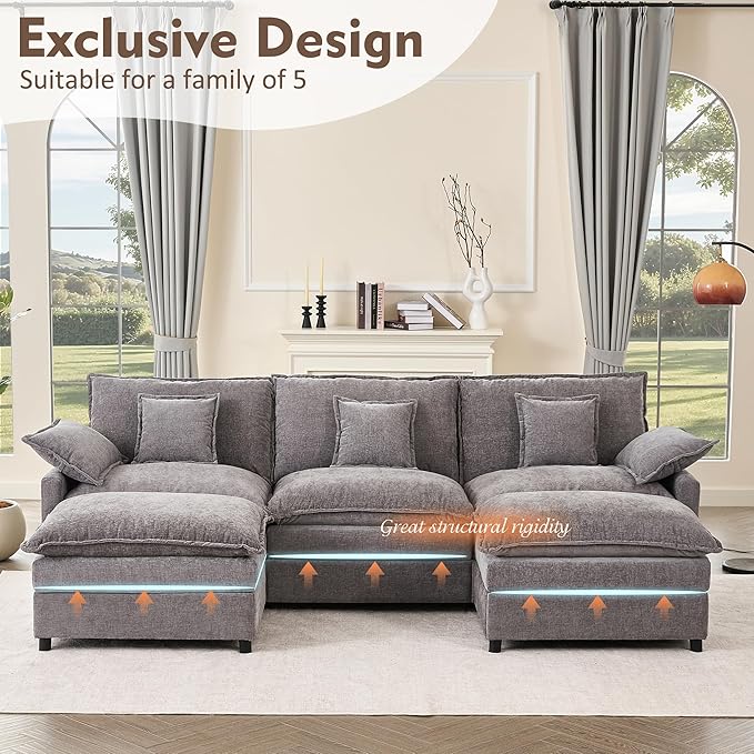 108" U Shaped Couch, Modular Sectional Sofa, 3-Seater Comfy Cloud Couch with Movable Ottoman, Deep Seat Couches for Living Room, Chenille, Slate