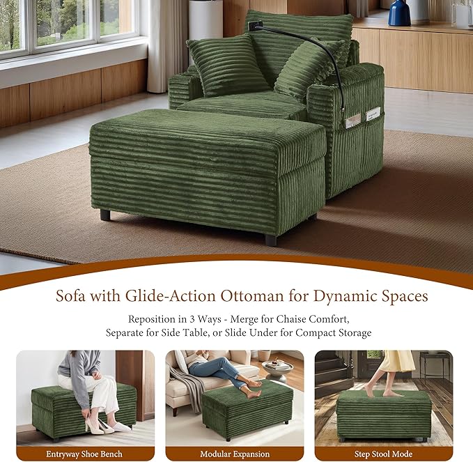 Accent Chair with Storage Ottoman Upholstered Living Room Chairs for Reading Chair with Chaise Lounge Chairs Indoor, Comfortable Armchair for Bedroom