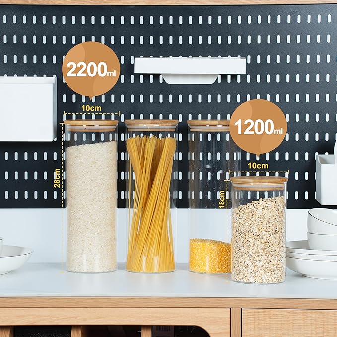 70oz Straight cylindrical Airtight Storage Jars with Bamboo Lid Set of 3 Storage Container Glass Jars, Kitchen Canister for Noodles, Pasta and Coffee beans (‎with Black Lable)