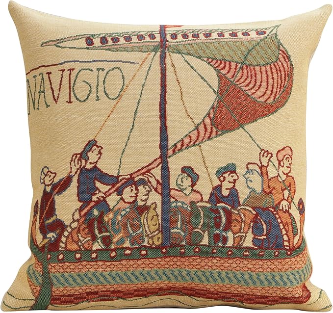 Charlotte Home Furnishings Bayeux Navigo Throw Pillow Cover 16" x 16" – Medieval Ship Decorative Tapestry Cushion Case for Sofa, Couch, & Bed | Cotton Jacquard Woven in Europe | Insert Not Included