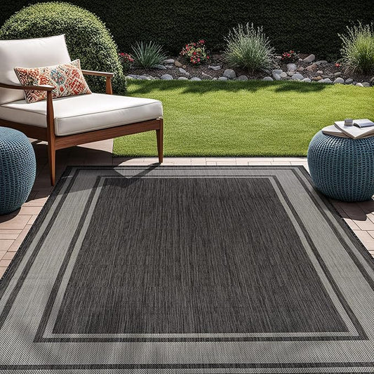 Beverly Rug Outdoor Rug 8x10 Modern Bordered Area Rugs for Indoor and Outdoor Patio Deck Porch Garden Waterproof Weather Sun Resistant Washable Outside Carpet (8 x 10 Dark Gray)