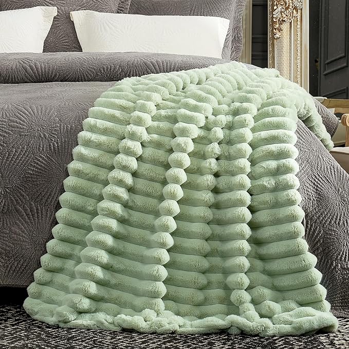 Cozy Bliss Faux Fur Throw Blanket for Couch, Cozy Warm Plush Striped Blanket for Sofa Bedroom Living Room, 60 * 80 Inches Sage Green