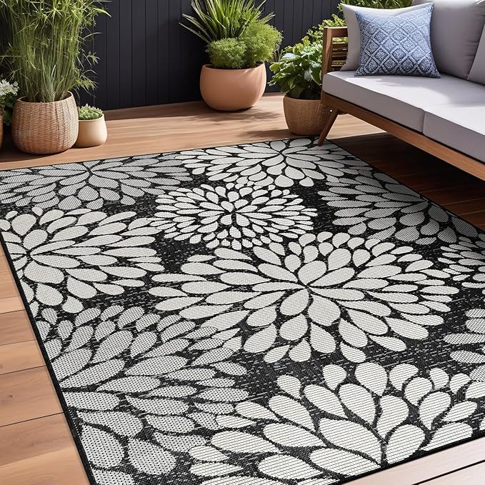 Beverly Rug Outdoor Rug 5x7 Modern Exotic Tropical Leaf Area Rugs for Indoor and Outdoor Patio Deck Porch Garden Water Resistant Washable Outside Carpet (5 x 7 Dark Gray)